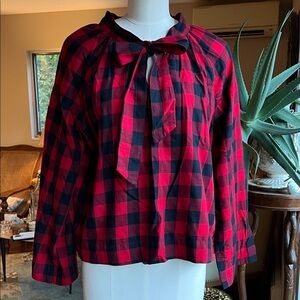 Madewell Popover Shirt Buffalo Check Red Black Tie V-Neck Cotton Blouse LARGE